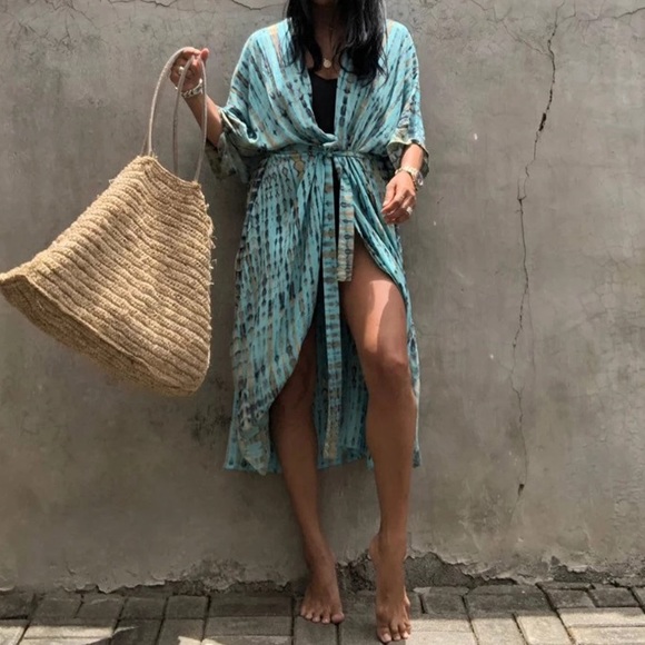 Turquoise Tie Dye Boho Swim Coverup Kimono Robe - Picture 7 of 9